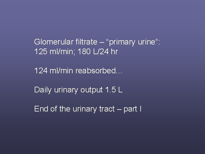 Glomerular filtrate – “primary urine”: 125 ml/min; 180 L/24 hr 124 ml/min reabsorbed… Daily