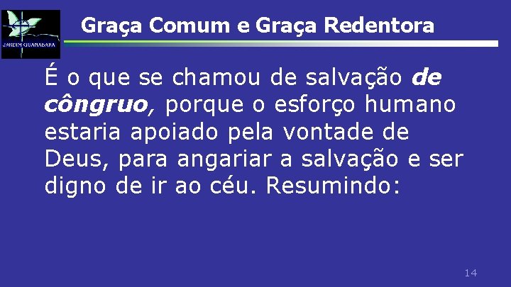 Graça Comum e Graça Redentora É o que se chamou de salvação de côngruo,