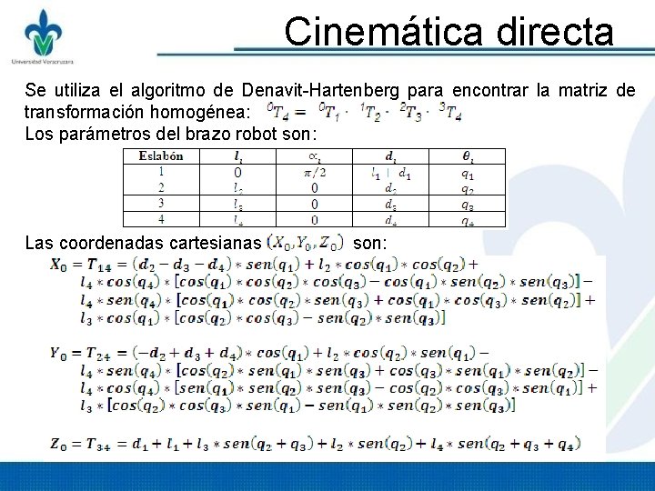 Cinemática directa Se utiliza el algoritmo de Denavit-Hartenberg para encontrar la matriz de transformación Cinemática directa Se utiliza el algoritmo de Denavit-Hartenberg para encontrar la matriz de transformación