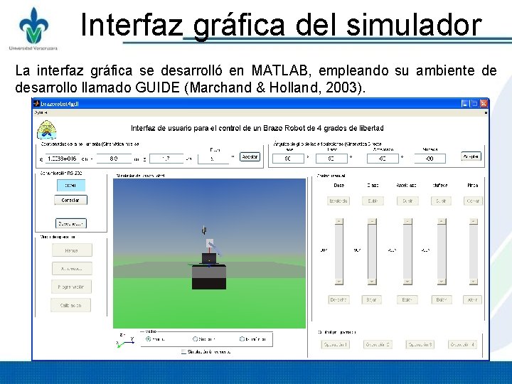 Interfaz gráfica del simulador La interfaz gráfica se desarrolló en MATLAB, empleando su ambiente Interfaz gráfica del simulador La interfaz gráfica se desarrolló en MATLAB, empleando su ambiente
