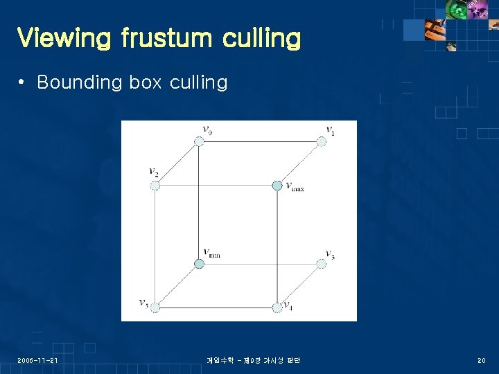Viewing frustum culling • Bounding box culling 2006 -11 -21 게임수학 - 제 9장