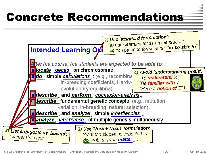 Concrete Recommendations Intended Learning ulation': 1) Use 'standard form on the student a) puts