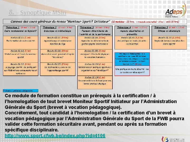 8. – Synoptique MSIn Ce module de formation constitue un prérequis à la certification
