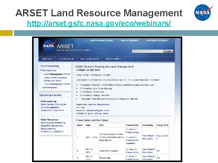 ARSET Land Resource Management http: //arset. gsfc. nasa. gov/eco/webinars/ ARSET Land Resource Management http: //arset. gsfc. nasa. gov/eco/webinars/