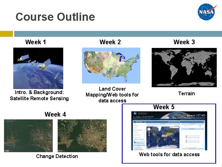 Course Outline Week 1 Intro. & Background: Satellite Remote Sensing Week 2 Week 3 Course Outline Week 1 Intro. & Background: Satellite Remote Sensing Week 2 Week 3