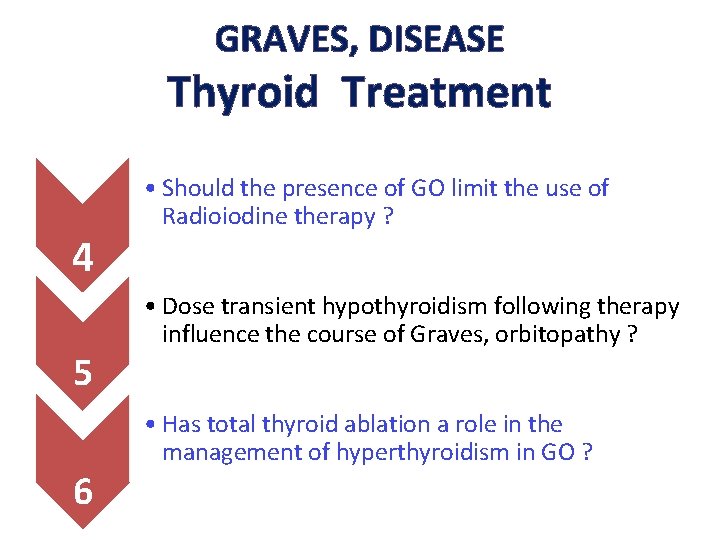 GRAVES, DISEASE Thyroid Treatment 4 5 6 • Should the presence of GO limit GRAVES, DISEASE Thyroid Treatment 4 5 6 • Should the presence of GO limit