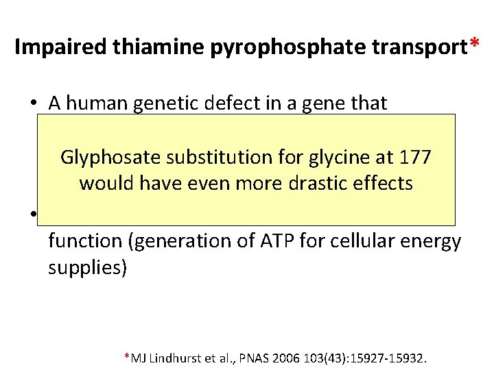 Impaired thiamine pyrophosphate transport* • A human genetic defect in a gene that transports