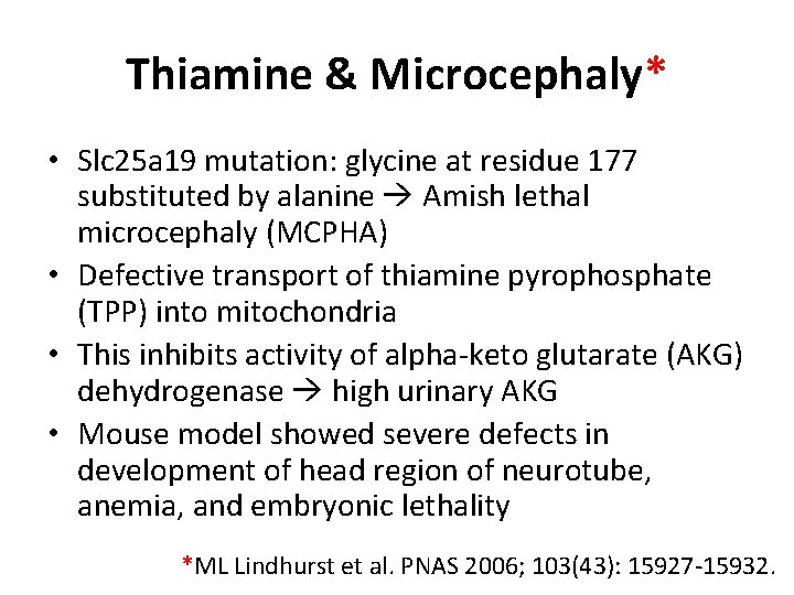 Thiamine & Microcephaly* • Slc 25 a 19 mutation: glycine at residue 177 substituted