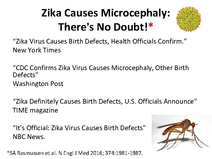 Zika Causes Microcephaly: There's No Doubt!* “Zika Virus Causes Birth Defects, Health Officials Confirm.