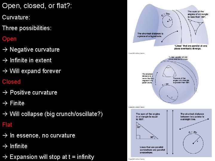 Open, closed, or flat? : Curvature: Three possibilities: Open Negative curvature Infinite in extent