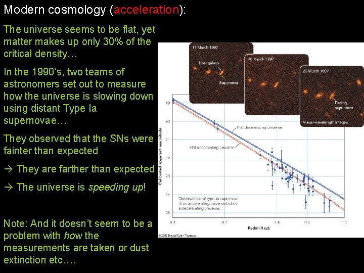 Modern cosmology (acceleration): The universe seems to be flat, yet matter makes up only