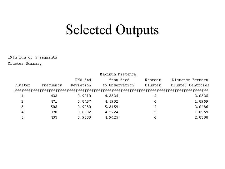 Selected Outputs 19 th run of 5 segments Cluster Summary Maximum Distance RMS Std