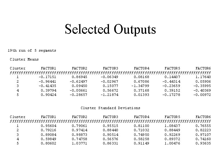 Selected Outputs 19 th run of 5 segments Cluster Means Cluster FACTOR 1 FACTOR