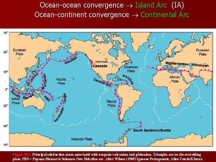 Ocean-ocean convergence Island Arc (IA) Ocean-continent convergence Continental Arc Figure 16 -1. Principal subduction