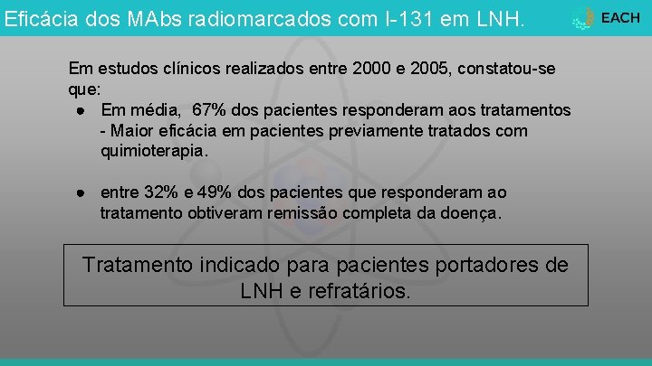Eficácia dos MAbs radiomarcados com I-131 em LNH. Em estudos clínicos realizados entre 2000