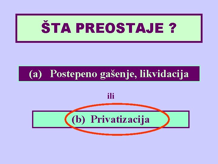 ŠTA PREOSTAJE ? (a) Postepeno gašenje, likvidacija ili (b) Privatizacija 