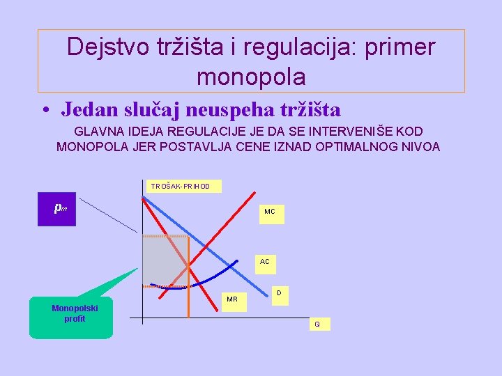 Dejstvo tržišta i regulacija: primer monopola • Jedan slučaj neuspeha tržišta GLAVNA IDEJA REGULACIJE