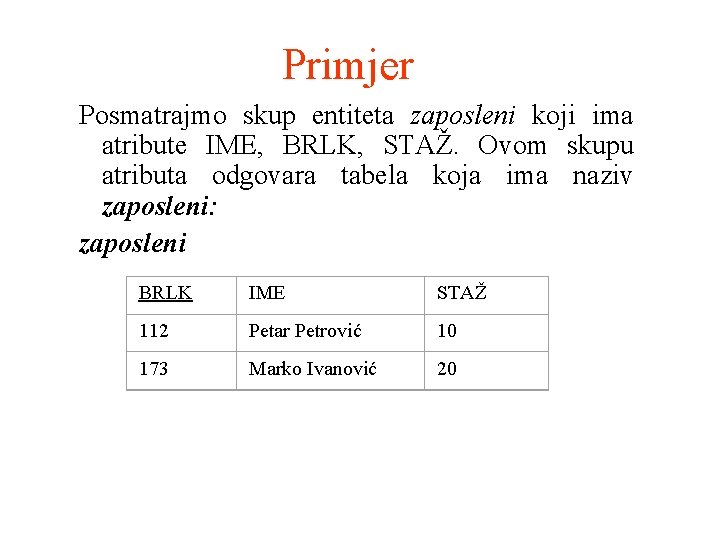 Primjer Posmatrajmo skup entiteta zaposleni koji ima atribute IME, BRLK, STAŽ. Ovom skupu atributa