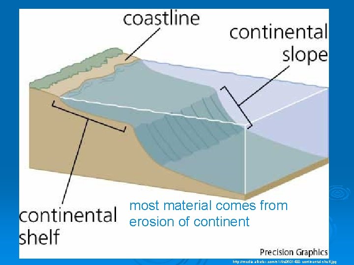 most material comes from erosion of continent http: //media. allrefer. com/s 1/l/c 0601400 -continental-shelf.