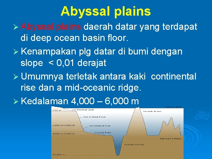 Abyssal plains Ø Abyssal plains daerah datar yang terdapat di deep ocean basin floor.