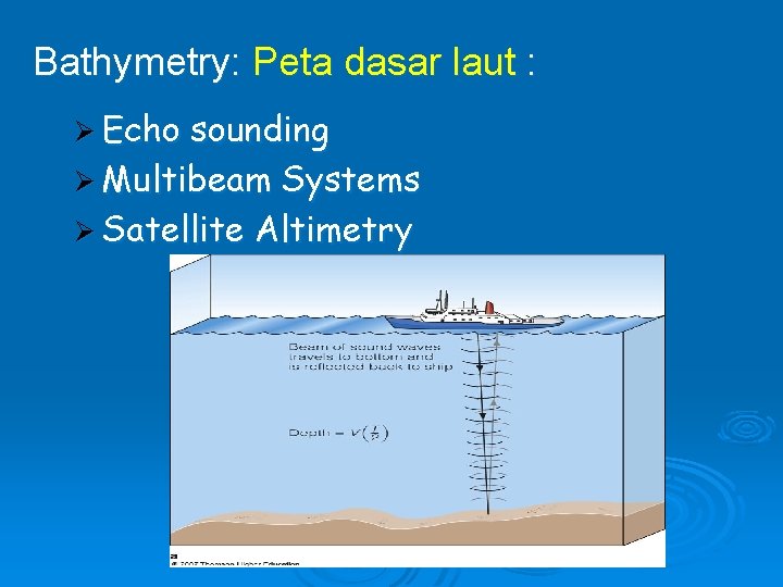 Bathymetry: Peta dasar laut : Ø Echo sounding Ø Multibeam Systems Ø Satellite Altimetry