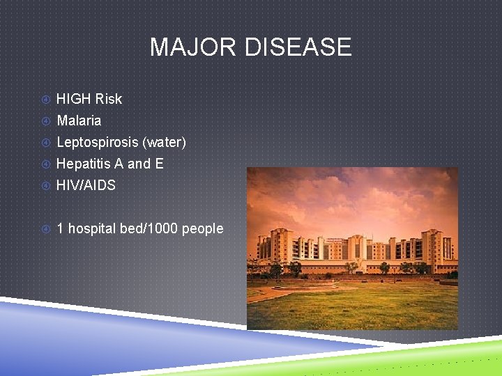 MAJOR DISEASE HIGH Risk Malaria Leptospirosis (water) Hepatitis A and E HIV/AIDS 1 hospital