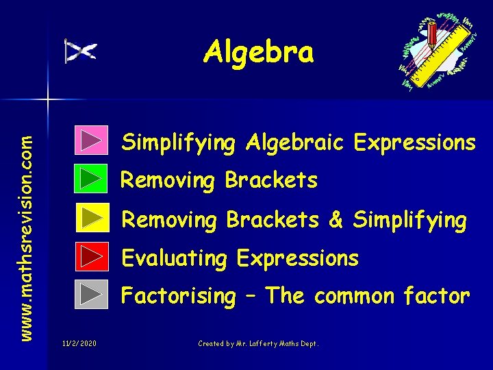 www. mathsrevision. com Algebra Simplifying Algebraic Expressions Removing Brackets & Simplifying Evaluating Expressions Factorising