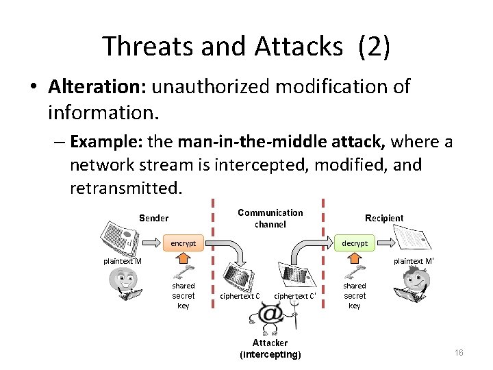 Threats and Attacks (2) • Alteration: unauthorized modification of information. – Example: the man-in-the-middle