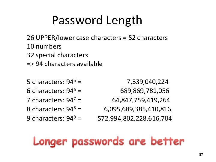 Password Length • • 26 UPPER/lower case characters = 52 characters 10 numbers 32