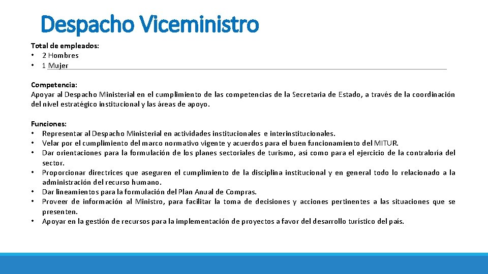 Despacho Viceministro Total de empleados: • 2 Hombres • 1 Mujer Competencia: Apoyar al