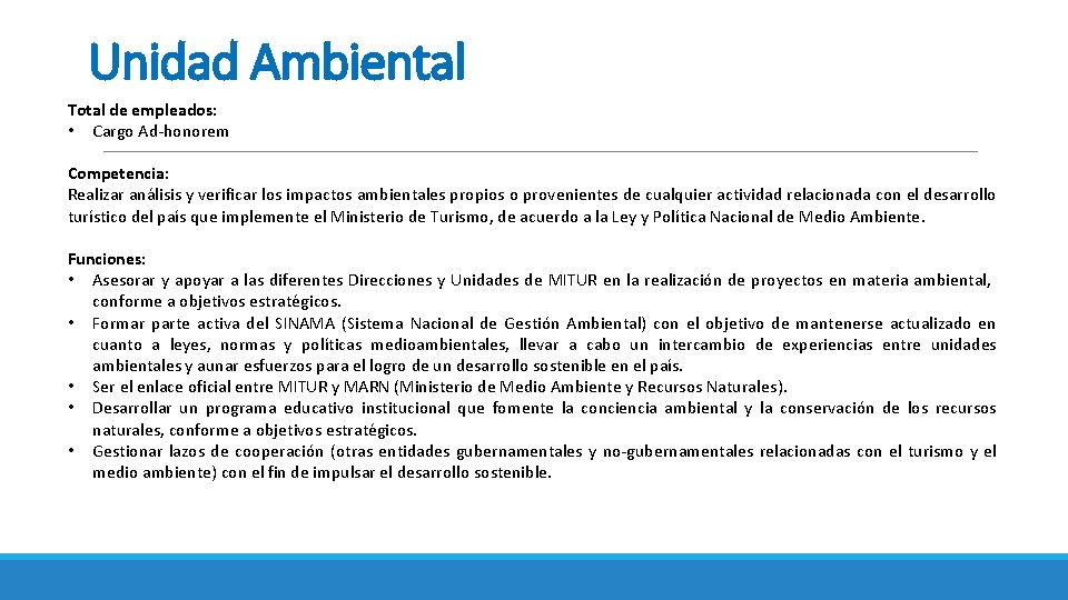 Unidad Ambiental Total de empleados: • Cargo Ad-honorem Competencia: Realizar análisis y verificar los