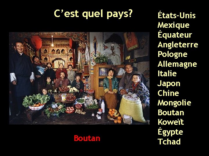 C’est quel pays? Boutan États-Unis Mexique Équateur Angleterre Pologne Allemagne Italie Japon Chine Mongolie