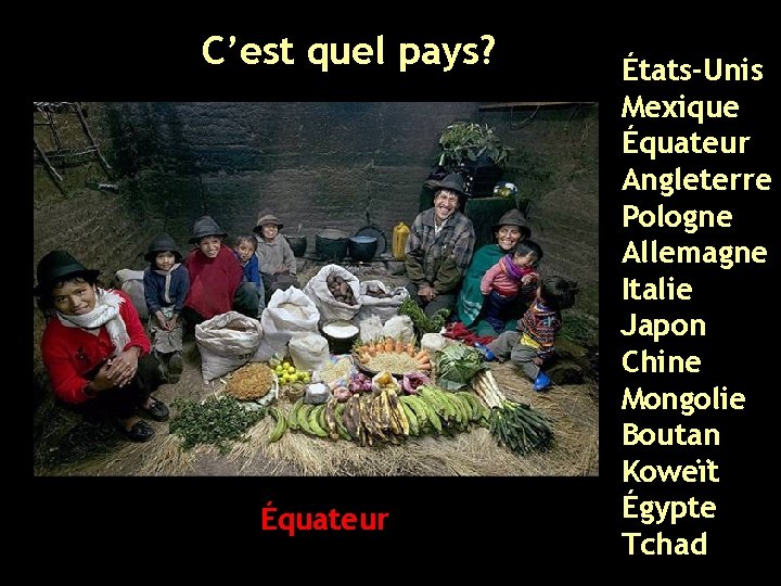 C’est quel pays? Équateur États-Unis Mexique Équateur Angleterre Pologne Allemagne Italie Japon Chine Mongolie