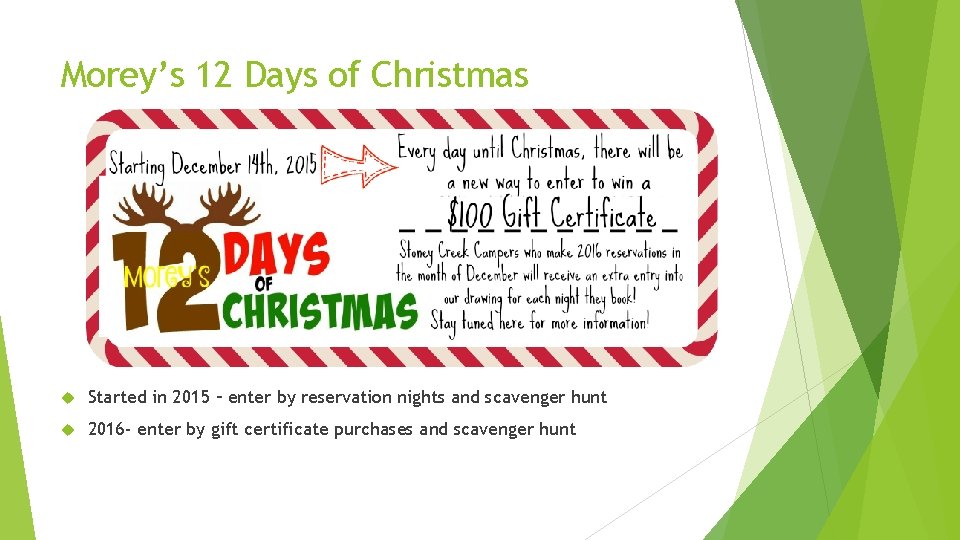 Morey’s 12 Days of Christmas Started in 2015 – enter by reservation nights and