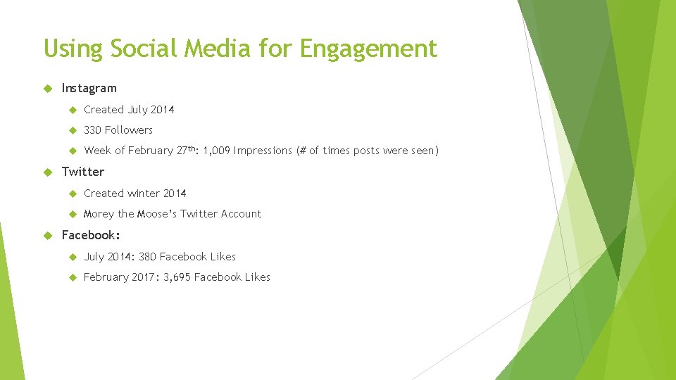 Using Social Media for Engagement Instagram Created July 2014 330 Followers Week of February