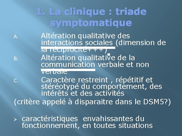 1. La clinique : triade symptomatique Altération qualitative des interactions sociales (dimension de la