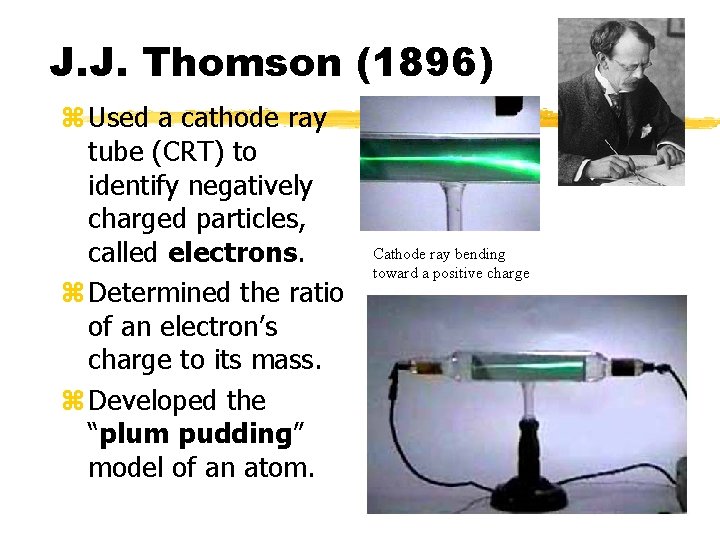 J. J. Thomson (1896) z Used a cathode ray tube (CRT) to identify negatively