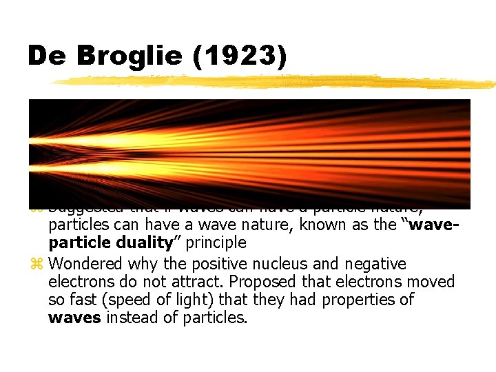 De Broglie (1923) z Suggested that if waves can have a particle nature, particles