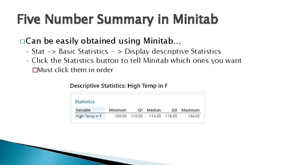 Five Number Summary in Minitab � Can be easily obtained using Minitab… ◦ Stat