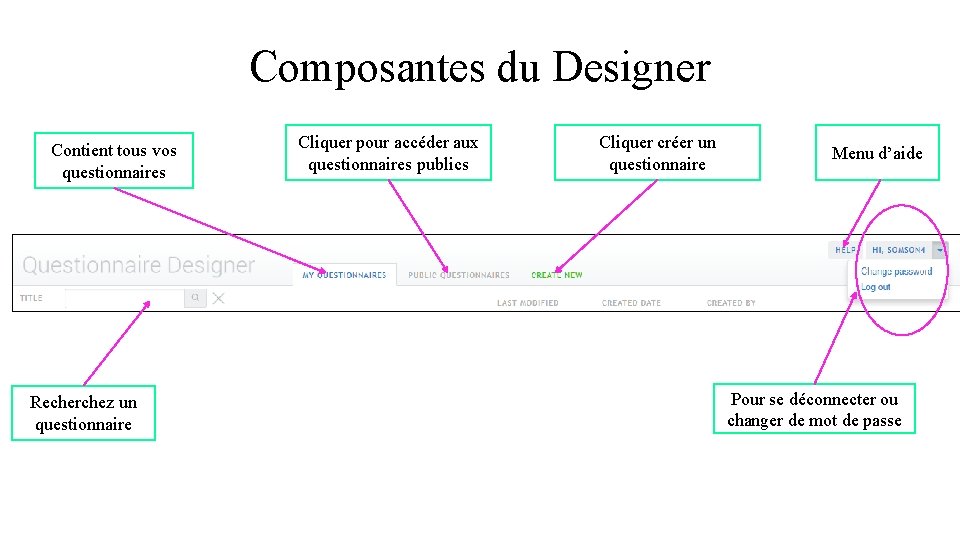 Composantes du Designer Contient tous vos questionnaires Recherchez un questionnaire Cliquer pour accéder aux