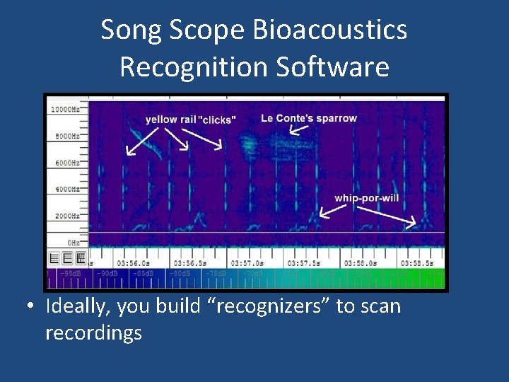 Song Scope Bioacoustics Recognition Software • Ideally, you build “recognizers” to scan recordings 