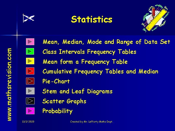 Statistics www. mathsrevision. com Mean, Median, Mode and Range of Data Set Class Intervals