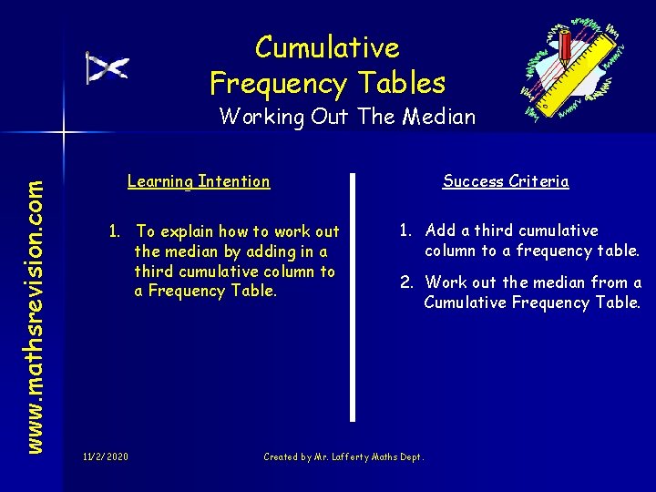 Cumulative Frequency Tables www. mathsrevision. com Working Out The Median Learning Intention 1. To