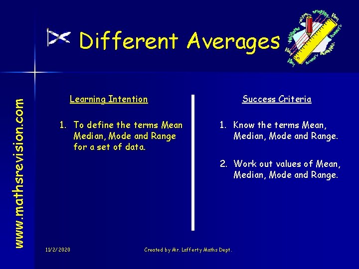 www. mathsrevision. com Different Averages Learning Intention 1. To define the terms Mean Median,