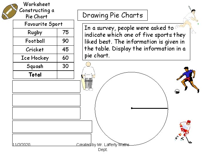 Worksheet Constructing a Pie Chart Favourite Sport Rugby 75 Football 90 Cricket 45 Ice