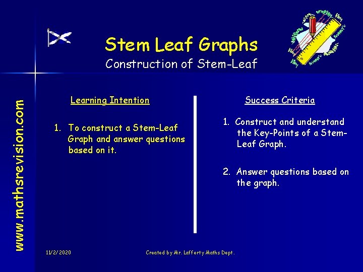 Stem Leaf Graphs www. mathsrevision. com Construction of Stem-Leaf Learning Intention 1. To construct