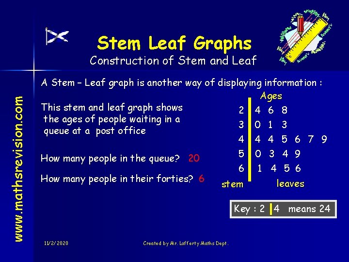 Stem Leaf Graphs www. mathsrevision. com Construction of Stem and Leaf A Stem –