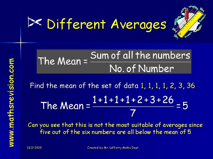 www. mathsrevision. com Different Averages Find the mean of the set of data 1,