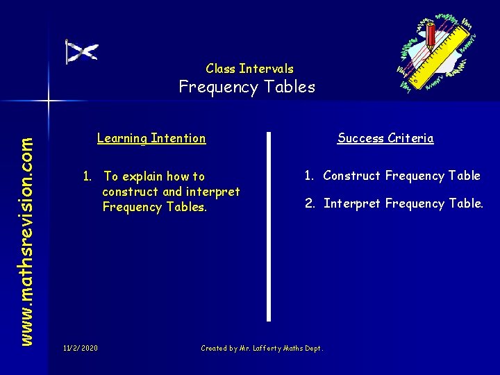 Class Intervals www. mathsrevision. com Frequency Tables Learning Intention 1. To explain how to