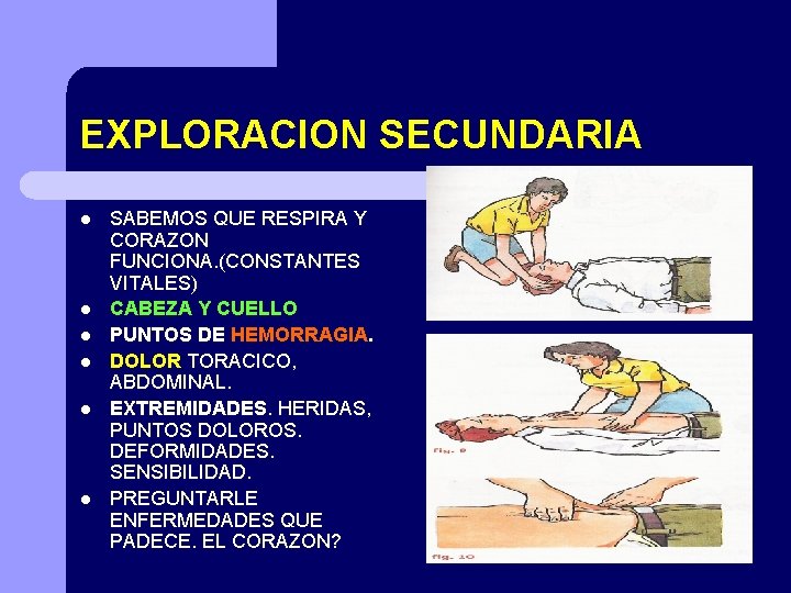 EXPLORACION SECUNDARIA l l l SABEMOS QUE RESPIRA Y CORAZON FUNCIONA. (CONSTANTES VITALES) CABEZA